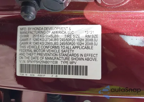 2022 Honda Pilot 2Wd Special Edition из США, поврежденный, VIN 5FNYF5H25NB011038